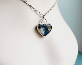 Labradorite Heart Necklace for Women, Blue Handmade Pendant, Authentic Gemstone Jewelry, Ideal Gift for Wife, Mom, Unique One Of A Kind,