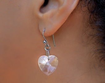 Sterling Silver Heart Earrings for Women, Crystal Earring Gift for Mom, Gift for Wife, Gift for Girlfriend, Heart Jewelry, Faceted Glass,