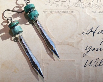 Repurposed Writing Pen Nibs, Over 100 Years Old, Real Turquoise Earrings for Women, Long Dangle Earrings, Gift for Writer, Gift for Author,