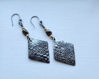 Handmade Long Dangle Earrings, Natural Pyrite Beads, One Of A Kind, Sterling Silver Ear Wires, Mixed Metal Jewelry, Mothers Day Gift for Mom