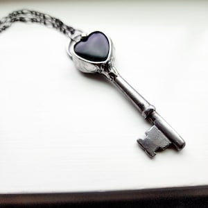 Repurposed Skeleton Key, Real Onyx Heart Gemstone, Key To My Black Heart Necklace for Women, Upcycled Jewelry, Romantic Gift for Wife,