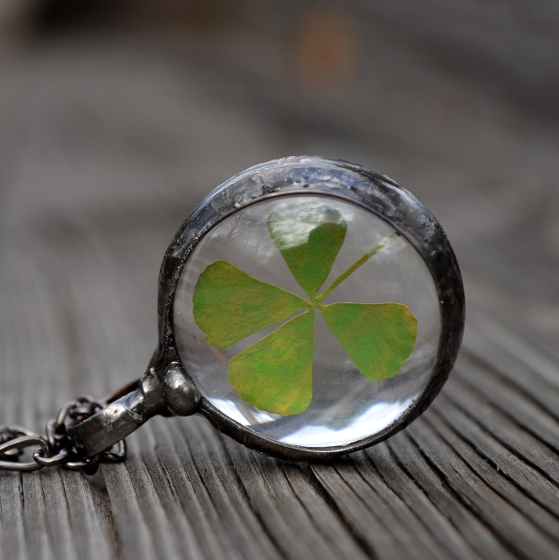 Four Leaf Clover Pendant Necklace. Good Luck Charm. Terrarium pendant handmade by Artisans at Bayou Glass Arts. Best gift for March Birthday, wife, mother, girlfriend, Christmas, anniversary, St Patricks Day