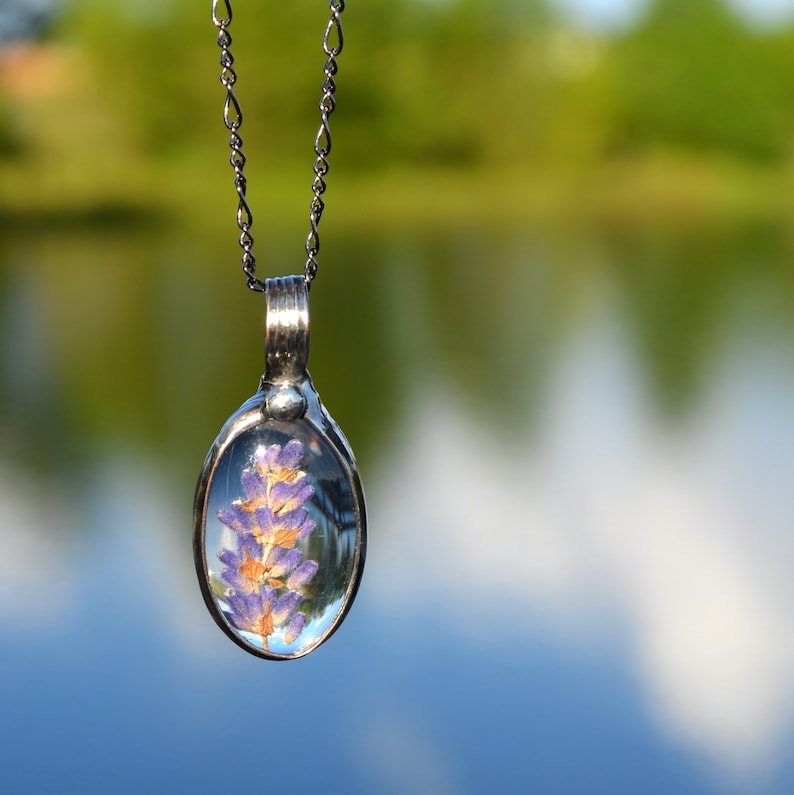 Dry Pressed Lavender Oval Pendant with fully adjustable figaro chain Handmade by Artisans at Bayou Glass Arts in USA. Best gift for her, Mom, wife, teacher, bff, girlfriend, Christmas, birthday, anniversary, Valentines, Mothers Day