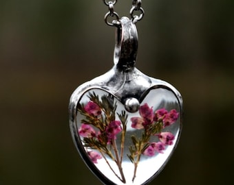 Pink Heather Flower Heart Necklace, Real Flower Jewelry, Romantic Gift Wife Girlfriend