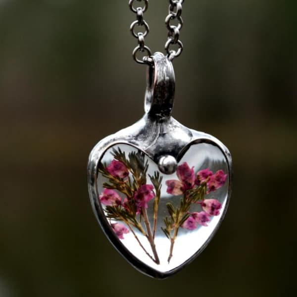 Pink Heather Flower Heart Necklace, Real Flower Jewelry, Romantic Gift Wife Girlfriend