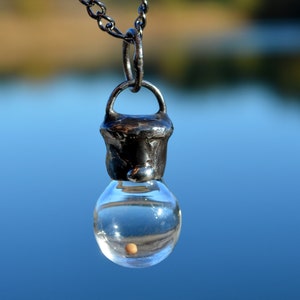 Mustard Seed Pendant Unisex Necklace Handmade by Louisiana Artisans at Bayou Glass Arts in USA. Glass bottle with seed enclosed by shiny black/aged silver metal hangs on fully adjustable gunmetal Figaro chain.