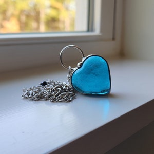 Aqua Chunky Heart Necklace for Women, Thick Blue Glass Pendant, Handmade Stained Glass Jewelry