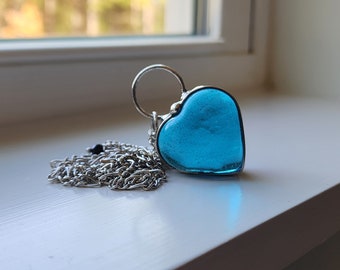 Aqua Chunky Heart Necklace, Valentine's Day Gift for Women, Turquoise Glass Heart Pendant, Handmade Blue Heart Jewelry, Gift for Wife Mom,