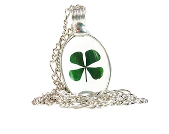 Four Leaf Clover, Oval Glass Not Resin Pendant, Green Shamrock Necklace, 4 Leaf Clover Necklace, Terrarium Necklace, St Patricks Day Gift,