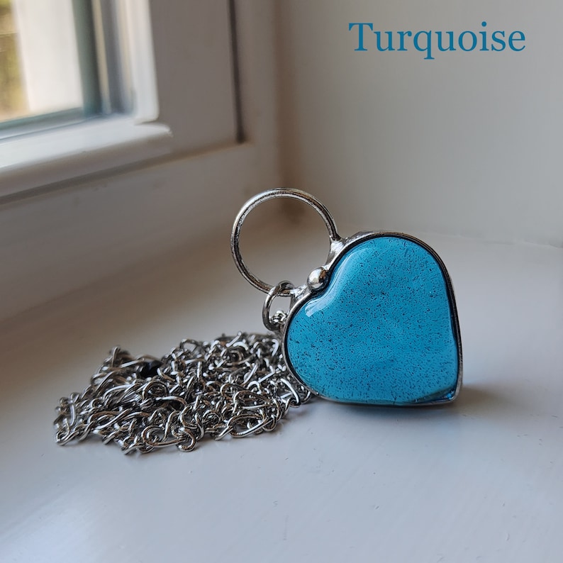 Blue Heart Necklace for Women, Chunky Glass Heart Pendant Necklace, Jewelry Gift for Woman, Handmade Blue Heart Jewelry, Glass Heart Pendant image 7