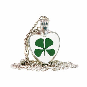 Four Leaf Clover Heart, Clover Necklace, 4 Leaf, Leaf Necklace, Shamrock Jewelry, Terrarium Necklace, Good Luck Charm, St Patricks Day Gift,