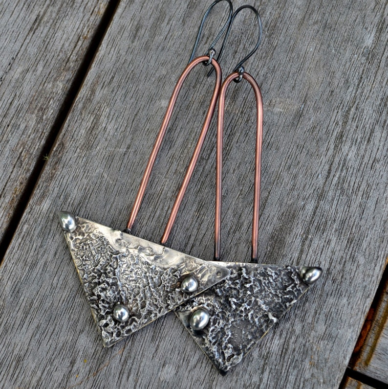 Handmade Mixed Metal Copper Earrings Long Boho Earrings for Women Oxidized Sterling Silver Ear Wires Statement Dangle Earrings 2806