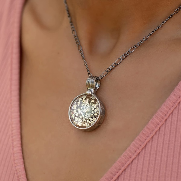 13th Anniversary Lace Gift, Queen Annes Lace Necklace, Real Flower Pendant, Meaningful Jewelry