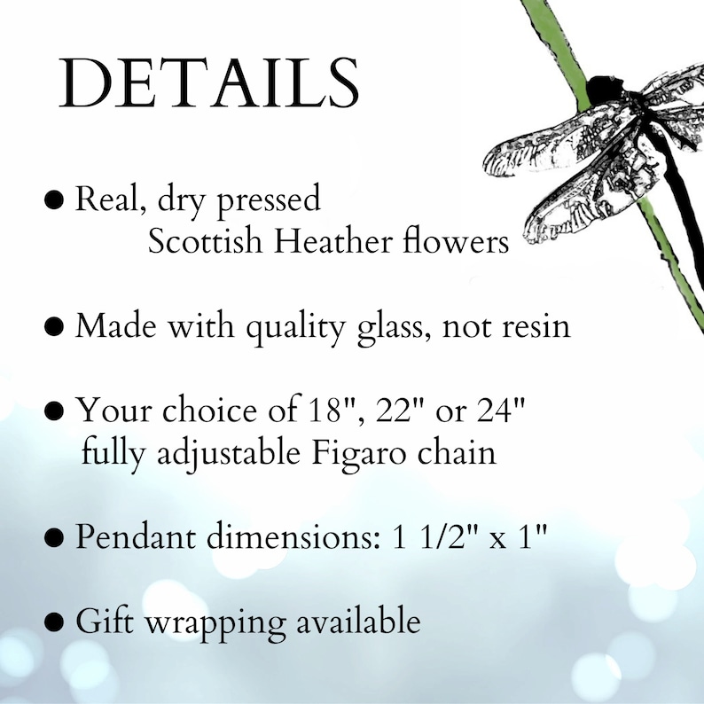 detail page showing information about the handmade heather pressed flower heart pendant necklace.