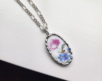 Broken China Pendant, Handmade Upcycled Ceramic Necklace, Recycled Porcelain Floral Accessory, Peony & Forget Me Not Necklace, Gift for Mom,