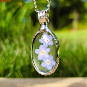 Jewelry Gift for Mom, Real Pressed Flower Necklace, Authentic Forget Me Not Pendant, Stained Glass Terrarium Jewelry, Mother&#39;s Day Keepsake,
