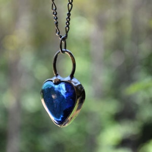 Blue Glass Chunky Heart Pendant Necklace Handmade by Artisans at Bayou Glass Arts. Thick Glass Best gift for 3rd wedding anniversary, birthday, Christmas, Valentines. For her, wife, Mom, BFF, Girlfriend