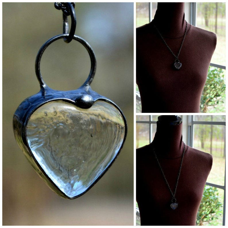 Collage with model showing 24" and 28" length with Clear Glass Chunky Heart Pendant Necklace Handmade by Artisans at Bayou Glass Arts. Thick Glass Best gift for 3rd wedding anniversary, birthday, Christmas, Valentines. For her