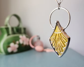 Large Glass Leaf Pendant, Yellow Necklace for Women, Palladium Shimmer, Statement Necklace, Artisan Jewelry, Handmade Glass Necklace for Her