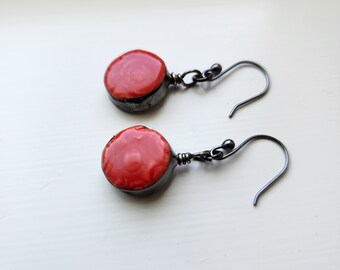 Cherry Drop Mosaic Earrings, Red Dots, Handmade Ceramic Earrings, Sterling Silver Ear Wires, Artisan Dangle Earrings, Great Gift for Women,