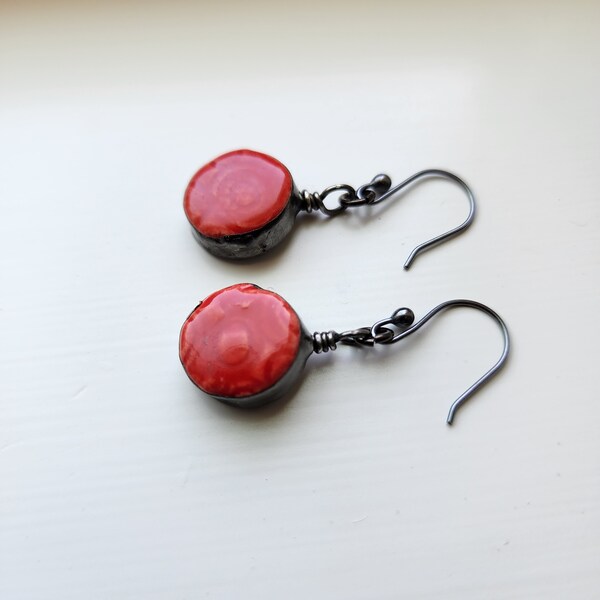 Cherry Drop Mosaic Earrings, Red Dots, Handmade Ceramic Earrings, Sterling Silver Ear Wires, Artisan Dangle Earrings, Great Gift for Women,