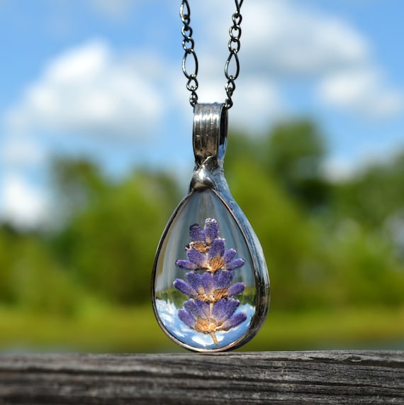 Lavender Botanical Necklace, Real Pressed Lavender Flower Pendant