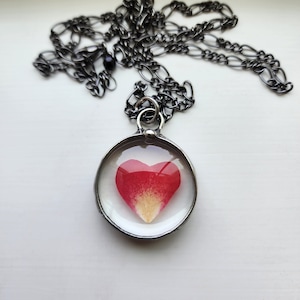 Red Rose Pressed Flower Necklace, Artisan Jewelry, Single Petal of Rose Creates Heart, Gift for Wife, Gift for Girlfriend, Bayou Glass Arts,