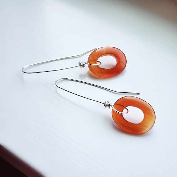 Long Earrings, Gemstone Earrings for Women, Red Carnelian Unique Handmade Dangles, Sterling Silver, Virgo Birthstone, Birthday Gift for Wife