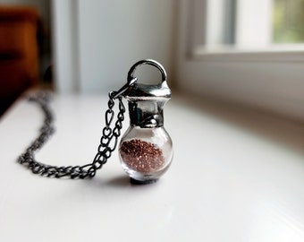 Copper Dust Pendant, Fidget Necklace for Women or Men, Hand Blown Glass Bottle Filled with Copper Shavings, Artisan Handmade Jewelry, Unisex