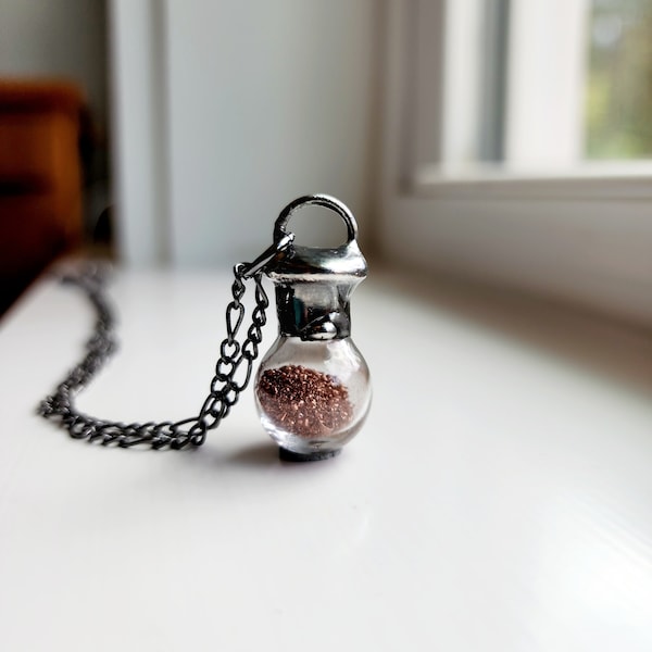 Copper Dust Pendant, Fidget Necklace for Women or Men, Hand Blown Glass Bottle Filled with Copper Shavings, Artisan Handmade Jewelry, Unisex