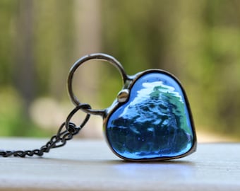 Blue Heart Necklace for Women, Chunky Glass Heart Pendant Necklace, Jewelry Gift for Woman, Handmade Blue Heart Jewelry, Glass Heart Pendant