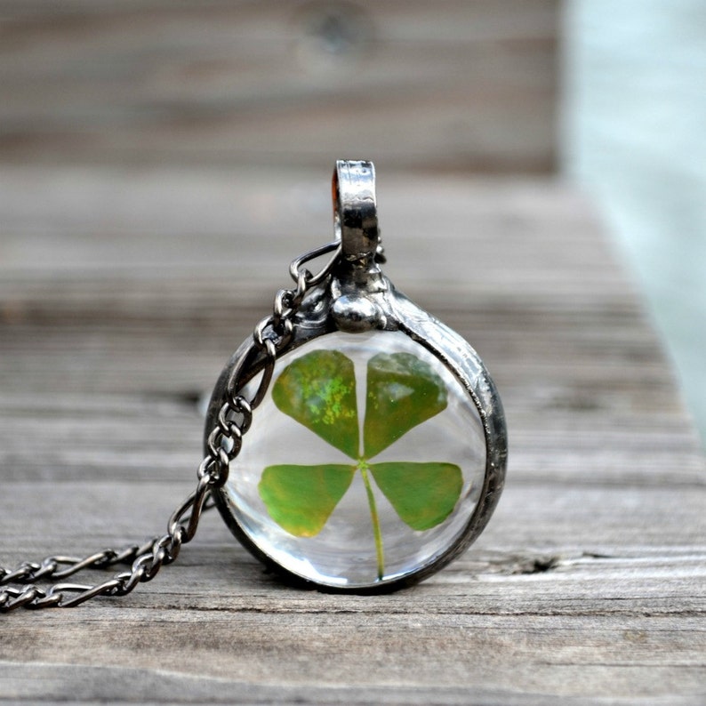 Four Leaf Clover Pendant Necklace. Good Luck Charm. Terrarium pendant handmade by Artisans at Bayou Glass Arts. Best gift for March Birthday, wife, mother, girlfriend, Christmas, anniversary, St Patricks Day