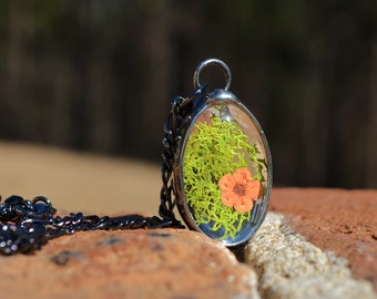 Moss Necklace, Terrarium Jewelry for Women, Real Forget Me Nots, Quality Glass, Not Resin, Guild Necklace, Tiffany Technique, Gift for Mom,