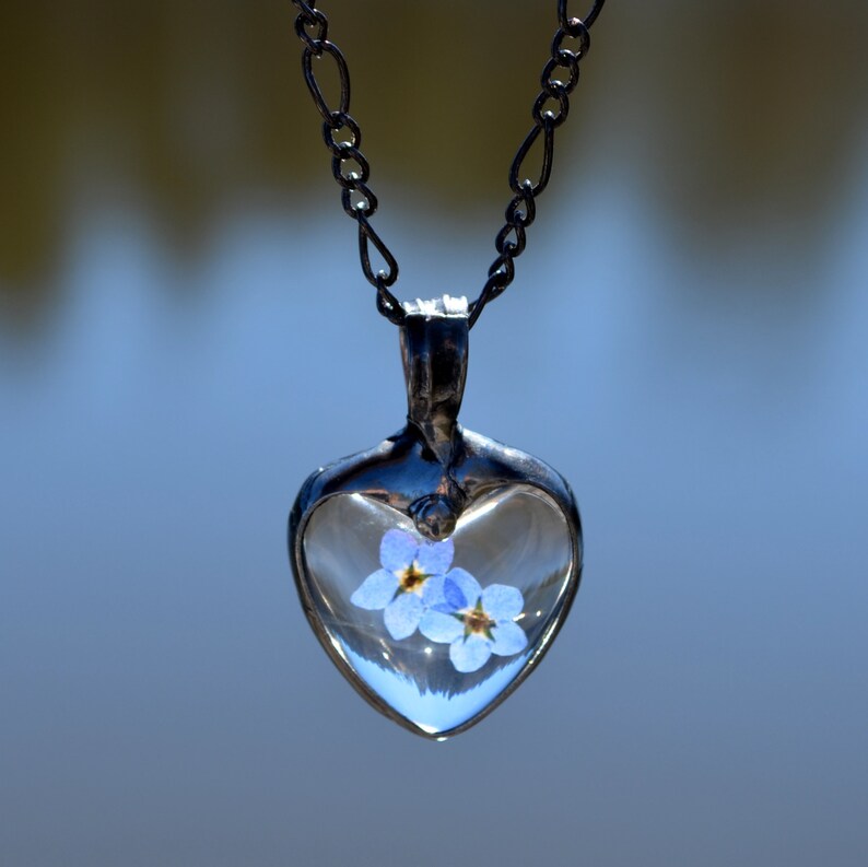 Forget Me Not Heart Pendant Necklace Handmade by Artisan at Bayou Glass Arts. 2 dry pressed flower blooms encased in heart shaped cabochons. In remembrance. Best gift for Mom Grandma BFF Girlfriend Christmas Birthday Anniversary