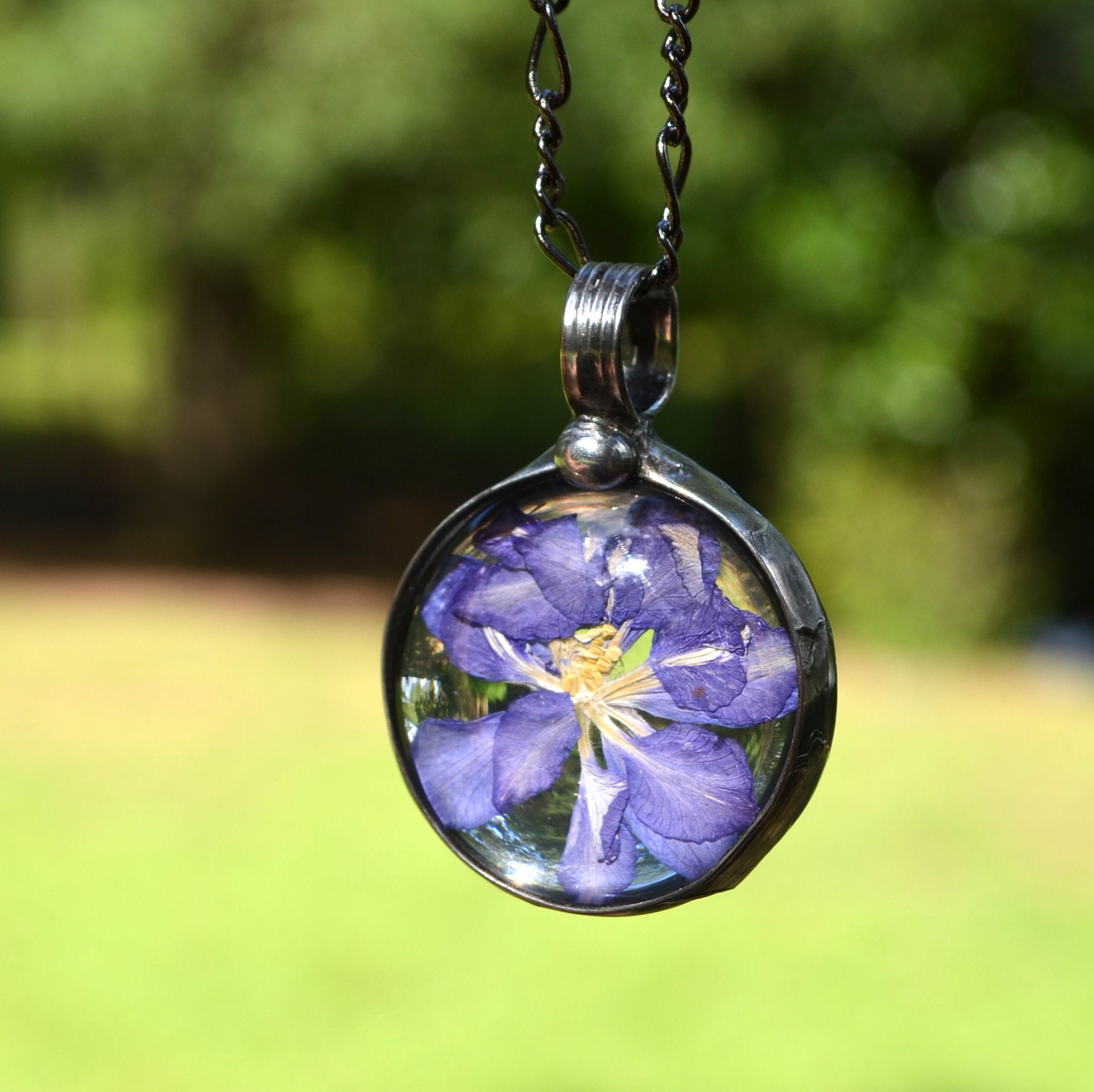 Pressed Flower Necklace July Birth Month Flower Larkspur Etsy