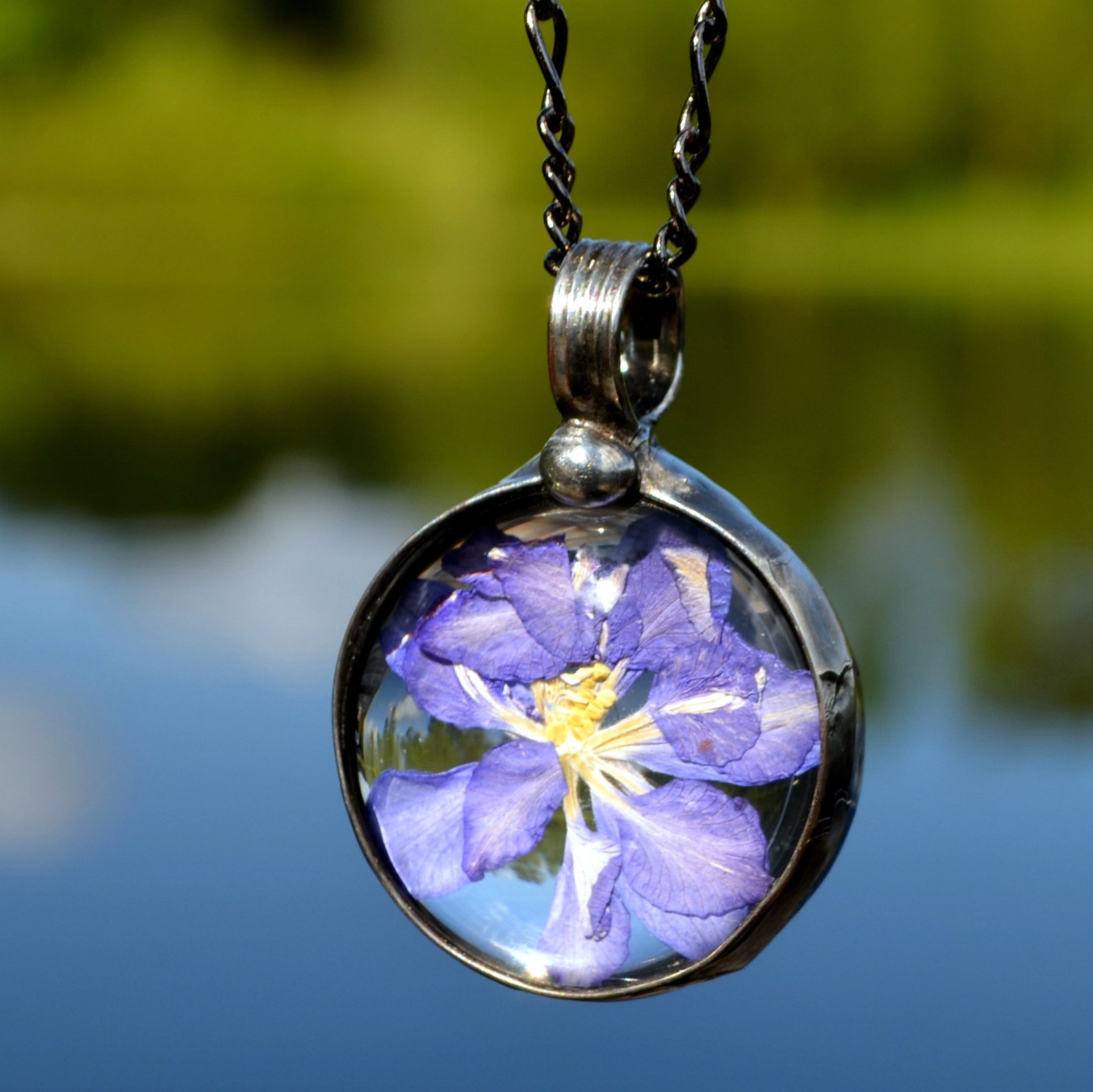 Pressed Flower Necklace July Birth Month Flower Larkspur Etsy