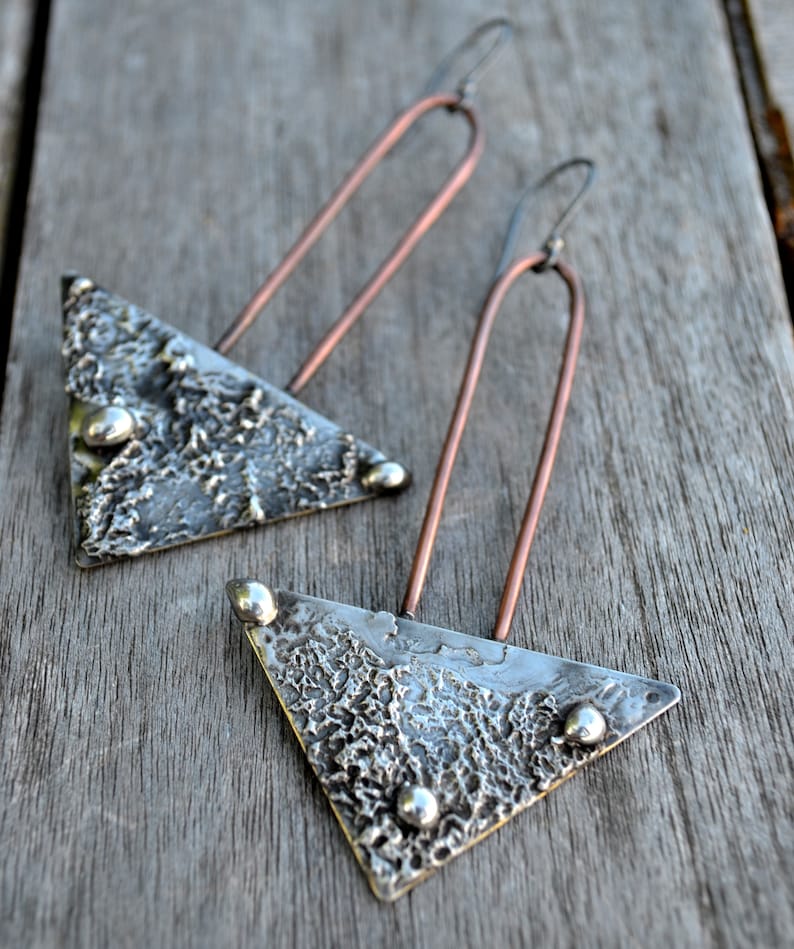 Handmade Mixed Metal Copper Earrings Long Boho Earrings for Women Oxidized Sterling Silver Ear Wires Statement Dangle Earrings 2806