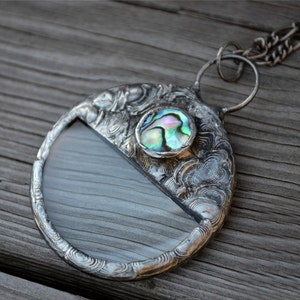 Magnifying Glass Pendant Necklace for Women, Artisan Jewelry, Long Neck Chain, Gift for Reader, Abalone Inset, Statement Necklace, Monocle,