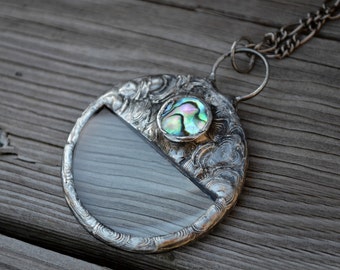 Magnifying Glass Pendant Necklace for Women, Artisan Jewelry, Long Neck Chain, Gift for Reader, Abalone Inset, Statement Necklace, Monocle,