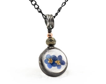 Forget Me Not Necklace, Jewelry thats Different, Pressed Flower Necklace, Blue Necklace for Women, Guild Artisan Jewelry, Long Distance Gift