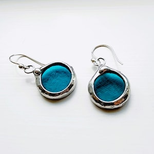 Stained Glass Earrings, Teal Polka Dot, Sterling Silver Wires