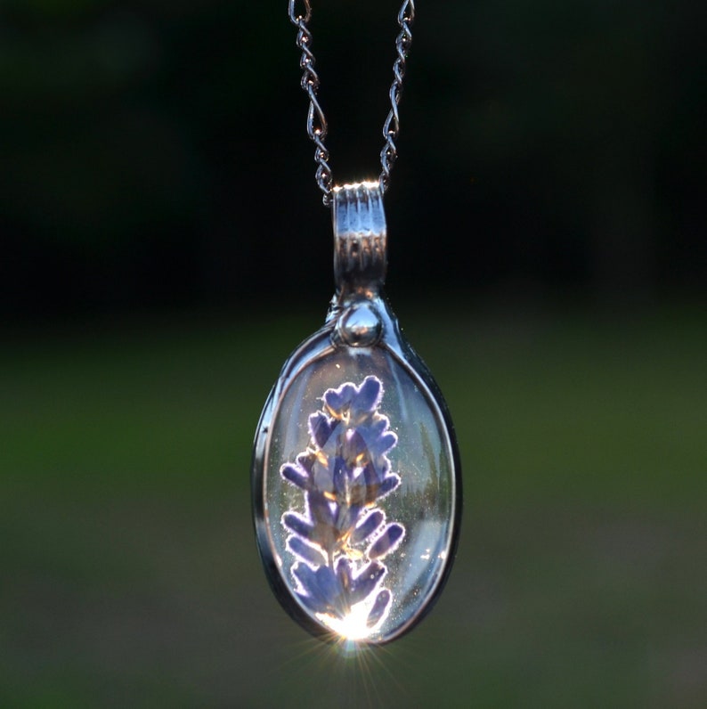 Dry Pressed Lavender Oval Pendant with fully adjustable figaro chain Handmade by Artisans at Bayou Glass Arts in USA. Best gift for her, Mom, wife, teacher, bff, girlfriend, Christmas, birthday, anniversary, Valentines, Mothers Day