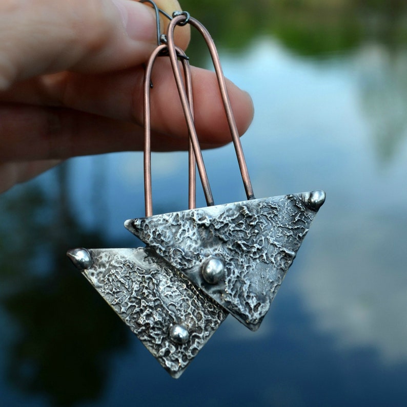 Handmade Mixed Metal Copper Earrings Long Boho Earrings for Women Oxidized Sterling Silver Ear Wires Statement Dangle Earrings 2806