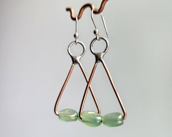 Handmade Earrings, Green Beads on Copper Triangles, Shiny Silver and Copper Tones, Sterling Silver Ear Wires, Birthday Gift for Women, Wife,