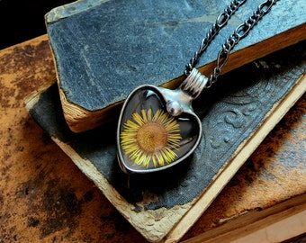 Sunflower Necklace, Heart Necklaces for Women, Sunflower Jewelry, Mothers Day Gift Ideas Real Pressed Flower Necklaces, Sunflower Gifts