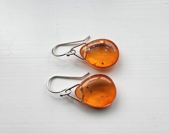 Glass Teardrop Earrings, Orange Earrings for Women, Everyday Earrings, Artisan Made Jewelry, Sterling Silver Earrings, Birthday Gift Jewelry