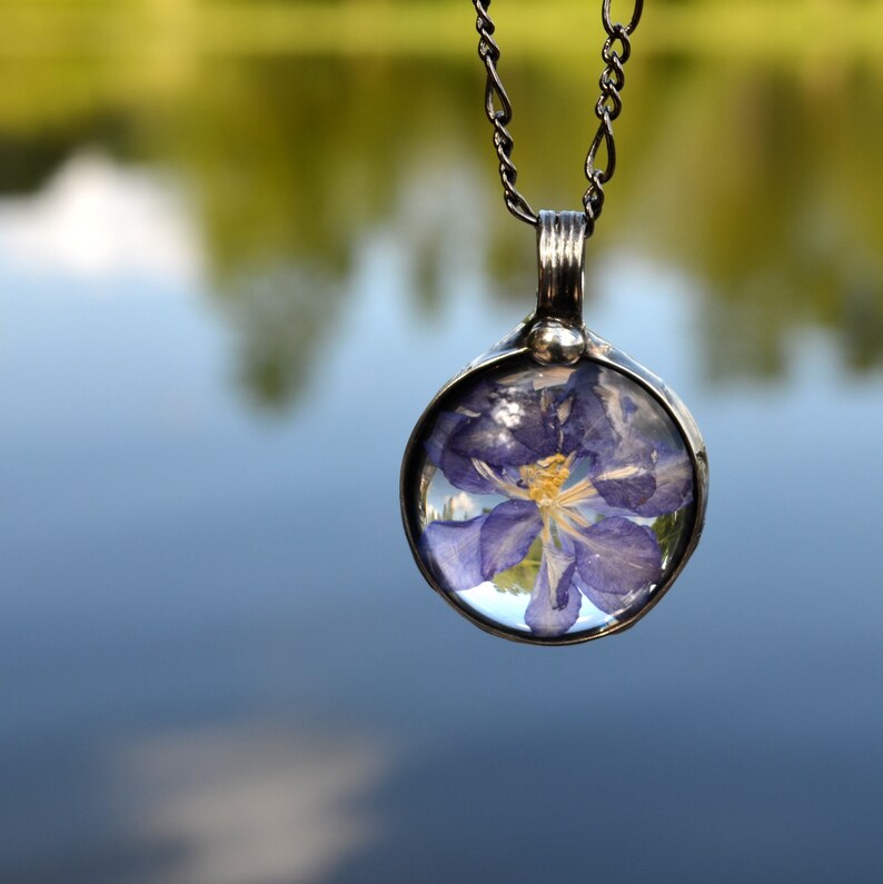 Pressed Flower Necklace July Birth Month Flower Larkspur Etsy