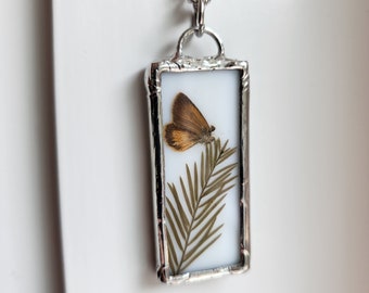 Stained Glass Necklace for Women, Pressed Flower Pendant, Real Moth Wing, Unique Handmade Insect Jewelry, Nature Lover Gift for Mother's Day