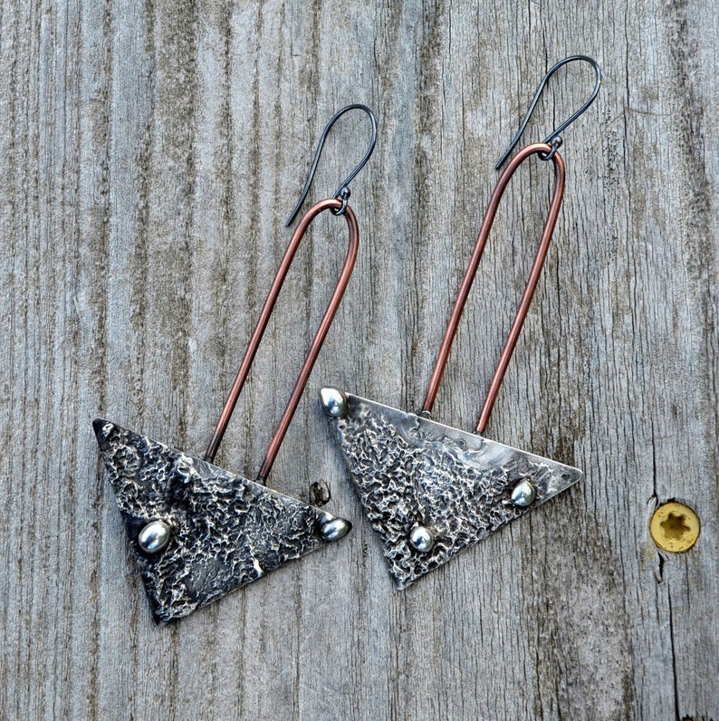 Handmade Mixed Metal Copper Earrings Long Boho Earrings for Women Oxidized Sterling Silver Ear Wires Statement Dangle Earrings 2806