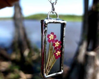 Stained Glass Necklace for Women, Real Pressed Flower Pendant, Handmade Jewelry, Roses, Rosemary, Mother's Day Gift for Mom, Wife, Daughter,